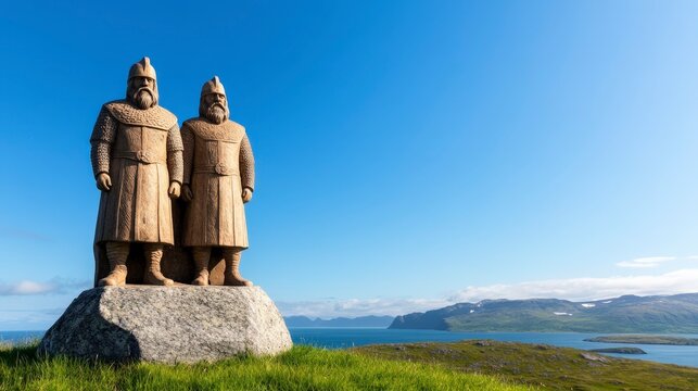 Memorial Site Dedicated to Leif Erikson with Scenic View of Landscapes and Statues in Bright Blue Sky