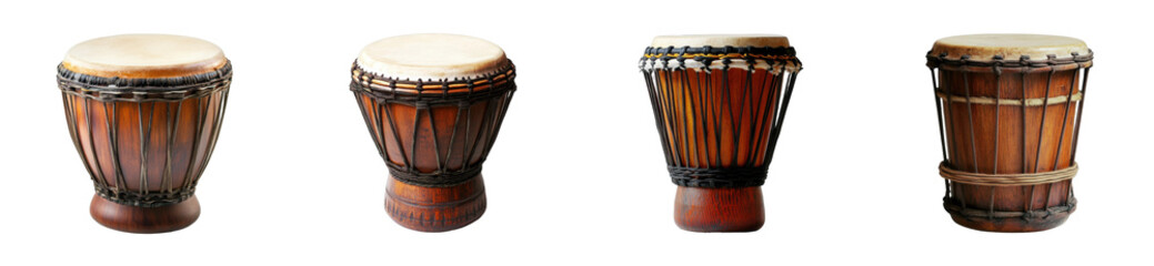 Collection of traditional african drums with wooden bodies and rope tuning system, cut out - stock png