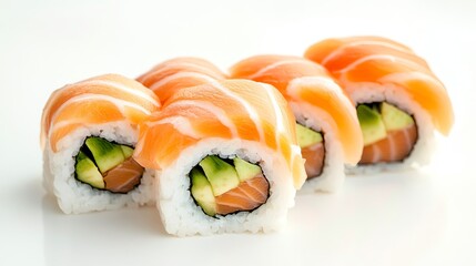 Close up shot of a row of salmon sushi rolls with avocado on a white surface in bright lighting