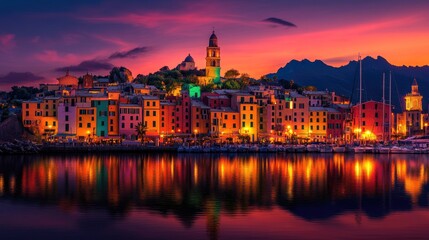 Fototapeta premium Vibrant coastal town at sunset. Colorful buildings reflect on calm water. Dramatic sky