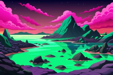 Fototapete Rund Alien black volcanic beach meeting an emerald green ocean under a magenta sky, mysterious landscape © samira
