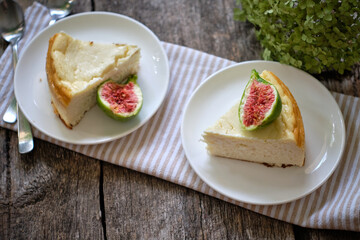 a pieces of cheesecake with fig. cottage cheese casserole.	