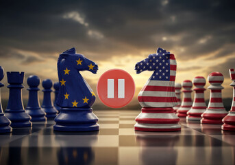 Europe and us trade war ,chessboard with the pieces engaged in strategic battle, political and economic conflict, sunset backdrop, EU and US political and economic fight for power worldwide