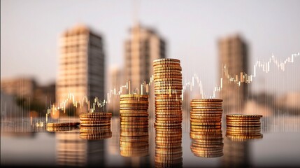 Double Exposure of Gold Coins with Trading Chart Background