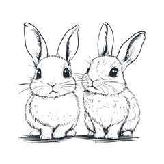 Two cute cartoon outlined bunnies flat black and white vector illustration