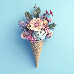 Ice cream cone with flowers on pastel blue background 