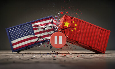 china and us trade war ,shipping containers colliding and exploding mid-air metallic shreds, political and economic fight for power worldwide