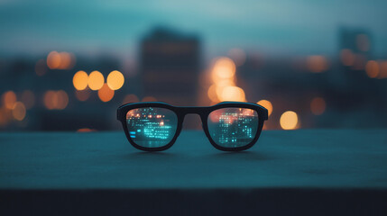 Futuristic smart glasses device resting on a ledge overlooking a vibrant cityscape at dusk with glowing lights and reflections