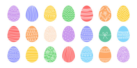Collection of colorful illustrations for Easter day. Easter eggs with handdrawn doodle patterns. Cute vector illustation.