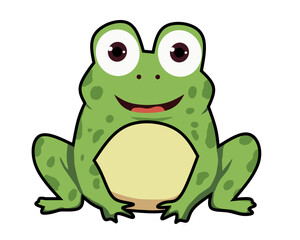 Cute cartoon frog with big eyes and a happy smile, sitting in a playful pose. Adorable green amphibian character illustration perfect for kids' books, games, and decor