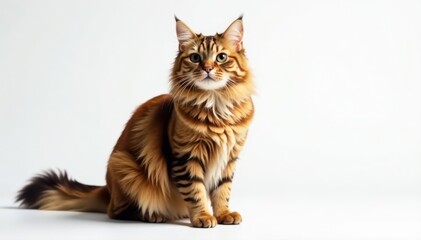 Obraz premium Fluffy Scottish Straight cat stands, funny pose, white background, white, ginger cat, cat