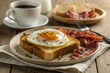Classic Breakfast Composition: Toast, Bacon, and Perfectly Cooked Sunny-Side-Up Egg.