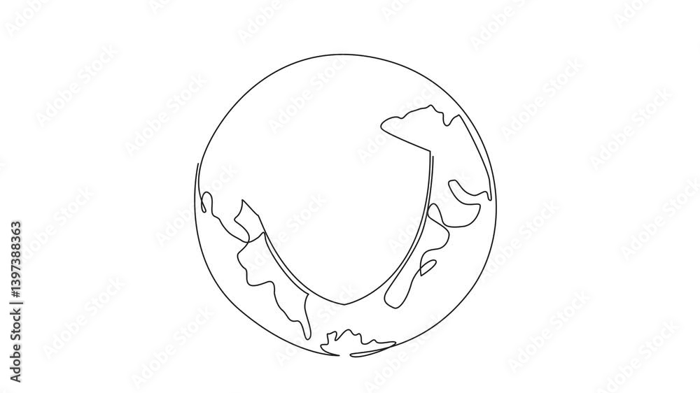 Aufkleber animation of single continuous line drawing globe with shield and open padlock in middle. two safe s
