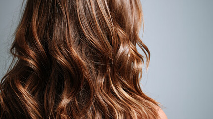 Fototapeta premium Brown wavy hair texture, showcasing healthy shine and volume, representing beauty, health, and care, ideal for hair product advertisement