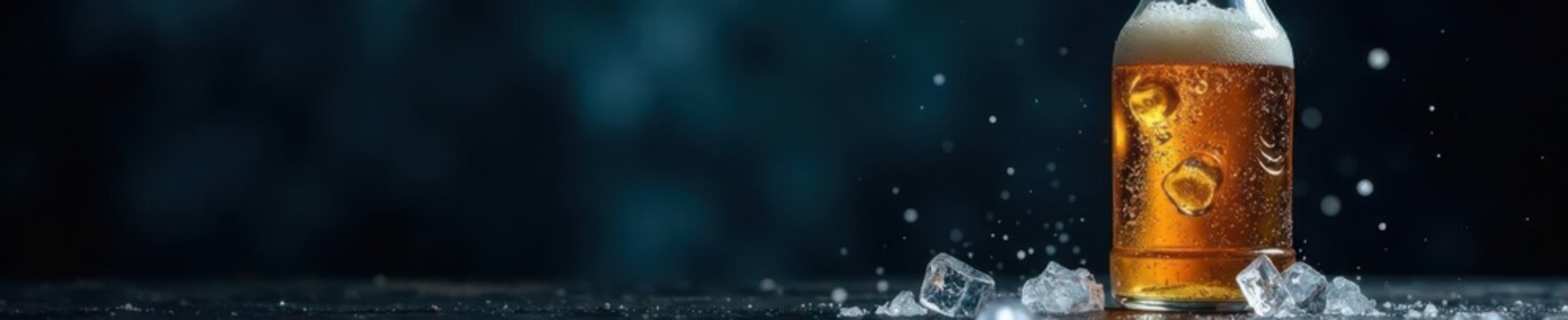 Icy cold beer bottle, condensation, frost, dark background, vapour, drink, bottle
