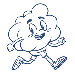Cartoon Cloud Running, Smiling Face, Energetic, Playful, Blue Outline, White Fill, Sporty