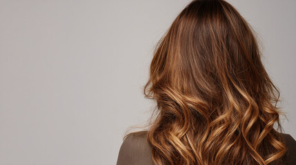 Obraz premium Brown wavy hair viewed from behind, showcasing texture and movement against a neutral background, ideal for haircare or beauty advertising