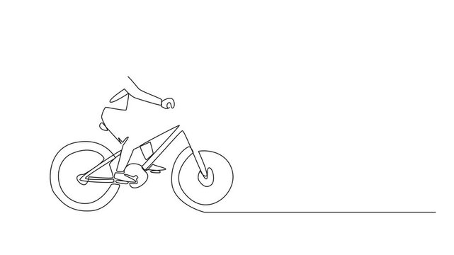 Animated self drawing of continuous one line drawing a boy riding a bicycle while carrying a bag and wearing a helmet. Safety first. Morning spirit. National Bike to School Day. Full length animation