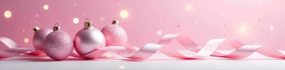 Fototapeta premium Pink and white gradient, delicate glass ornaments on ribbons Elegant Christmas/New Year's backdrop , festive, elegant