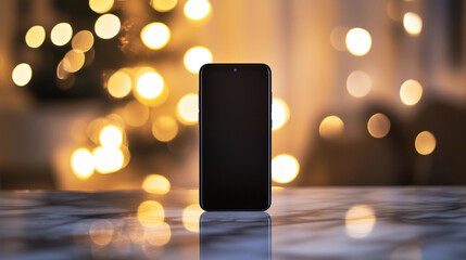 Sleek black smartphone with matte finish displayed on marble table against a softly illuminated background in a cozy indoor setting