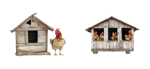 Rustic chicken coop and hens, cut out - stock png