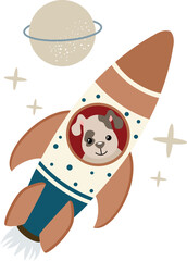 Puppy explorer in a rocket sailing through space