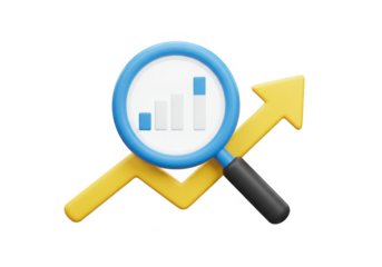 Magnifying glass over bar chart with upward arrow showing growth isolated on transparent background