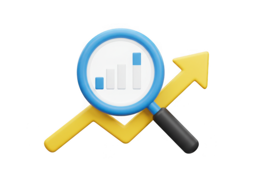 Magnifying glass over bar chart with upward arrow showing growth isolated on transparent background - Powered by Adobe
