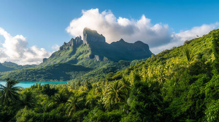Obraz premium A mountain range is in the background of a beautiful blue ocean. The mountains are covered in lush green trees, and the water is calm and clear. The scene is serene and peaceful, with the mountains