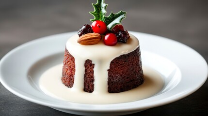 Classic British Christmas Pudding with Dried Fruits and Custard Sauce Decorated with Holly and Berries