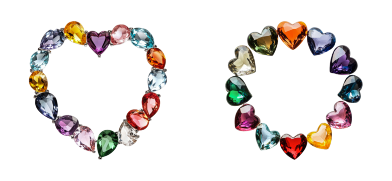 Heart-shaped crystal gemstone arrangements in diverse colors, cut out - stock png