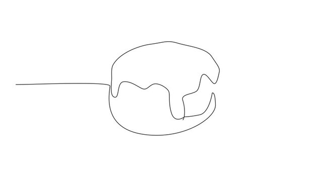 Animation of single one line drawing cream puff topped with melted chocolate. A very delicious dessert. Full of cream in the mouth. National Chocolate Custard Day. Full length motion