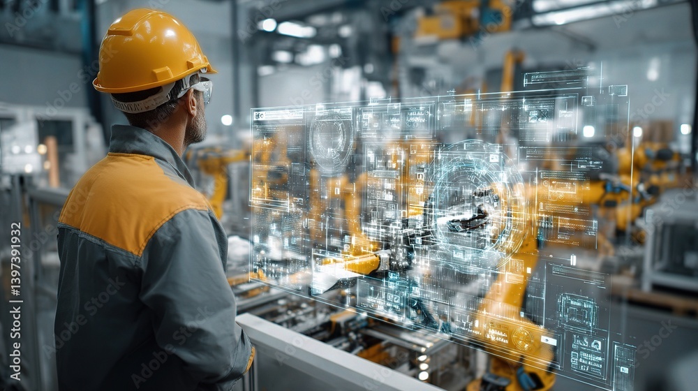 Poster industrial engineer monitoring automation in robotic factory setting