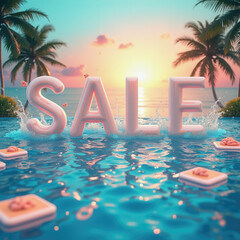 A vibrant sunset casts warm hues over a calm water surface reflecting palm trees. The focal point is a large sale sign surrounded by floating decor, creating a festive atmosphere