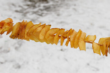 Spiral fried potatoes on a wooden skewer.