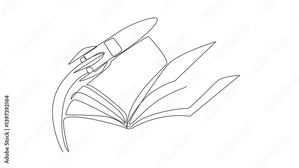 Poster self drawing animation of single continuous line drawing a rocket flying in the middle of an open th
