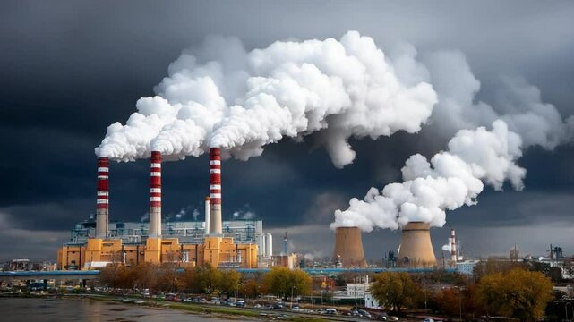 Environmental Threat: A chilling representation of industrial pollution emanating from towering smokestacks, spewing a plume of toxic smoke into a foreboding sky, casting a shadow over the landscape.