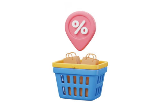 Illustration of a shopping basket with bags and discount percentage isolated on transparent background