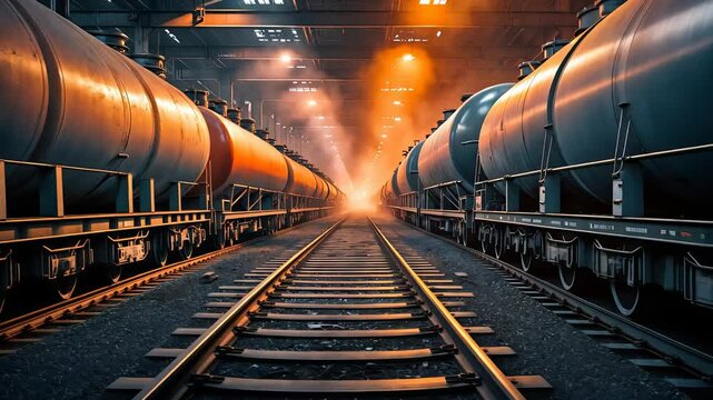 Industrial railway scene featuring parallel tanker freight trains inside a dimly lit depot with glowing orange light and steel rail tracks

