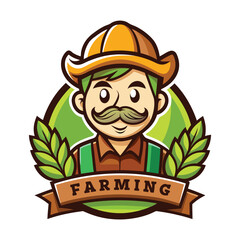 Cartoon Farmer Logo. Friendly Man with Mustache, Straw Hat, Olive Wreath, Farming Banner