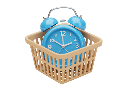 A blue alarm clock is inside of a tan plastic shopping basket item isolated on transparent background