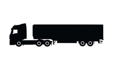 black silhouette icon of a truck tractor with a semitrailer, displayed in a side view. It’s a simple vector graphic illustration, completely isolated on a white backdrop.