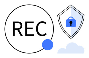 REC symbol inside a circle with a blue dot, shield icon with lock, cloud shape. Ideal for security, data privacy, cloud storage, online safety, recording, cyber protection information security