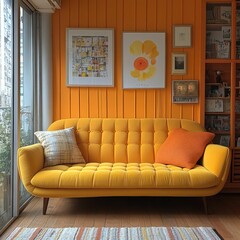 Bright yellow sofa in vibrant orange room.