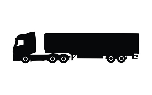 black silhouette icon of a truck tractor with a semitrailer, displayed in a side view. It’s a simple vector graphic illustration, completely isolated on a white backdrop.