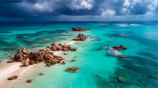 A beautiful blue ocean with a small island in the middle. The island is surrounded by water and has a rocky shoreline. The sky is cloudy, but the water is still calm