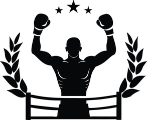 Victory Boxer Champion Vector, Muscular Male Fighter with Gloves Raised in Ring, Boxing Winner Clipart Design