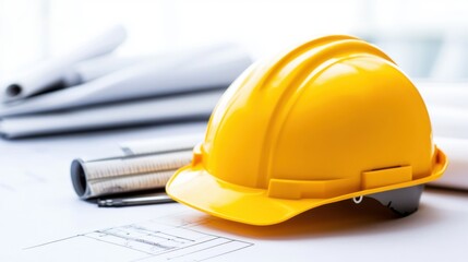 Yellow Safety Helmet on Blueprints and Construction Plans in Office Environment for Engineering Projects
