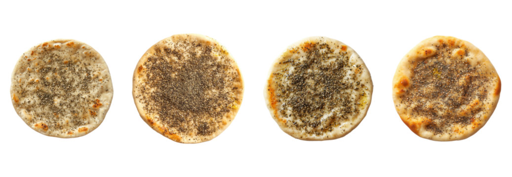 Traditional Middle Eastern flatbread with zaatar and olive oil set  isolated on transparent or white background