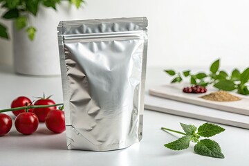 Empty stand-up aluminum foil pouch mockup, showcasing flexible packaging design potential.
